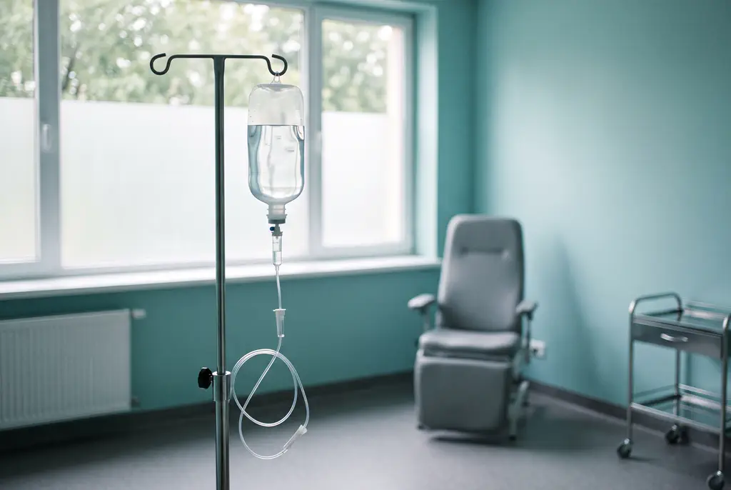 poche de perfusion suspendue dans une salle de traitement lumineuse, sans patient visible