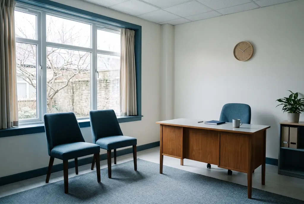 salle de consultation clinique lumineuse et vide, deux chaises face à un bureau